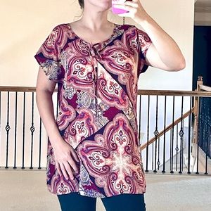 Cato Red Maroon Paisley Tunic Womens Size Large Short Sleeve Boho Modest Jewel